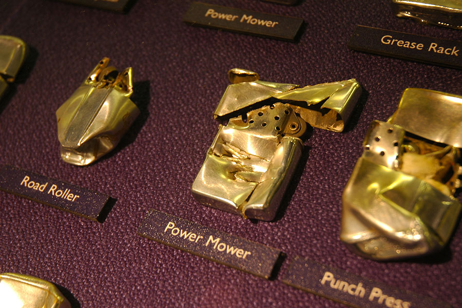 gold display lighters at the Zippo Museum